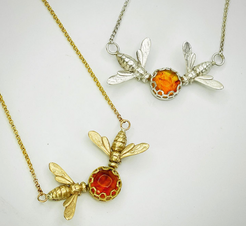 Amber Drop Necklace With Bees